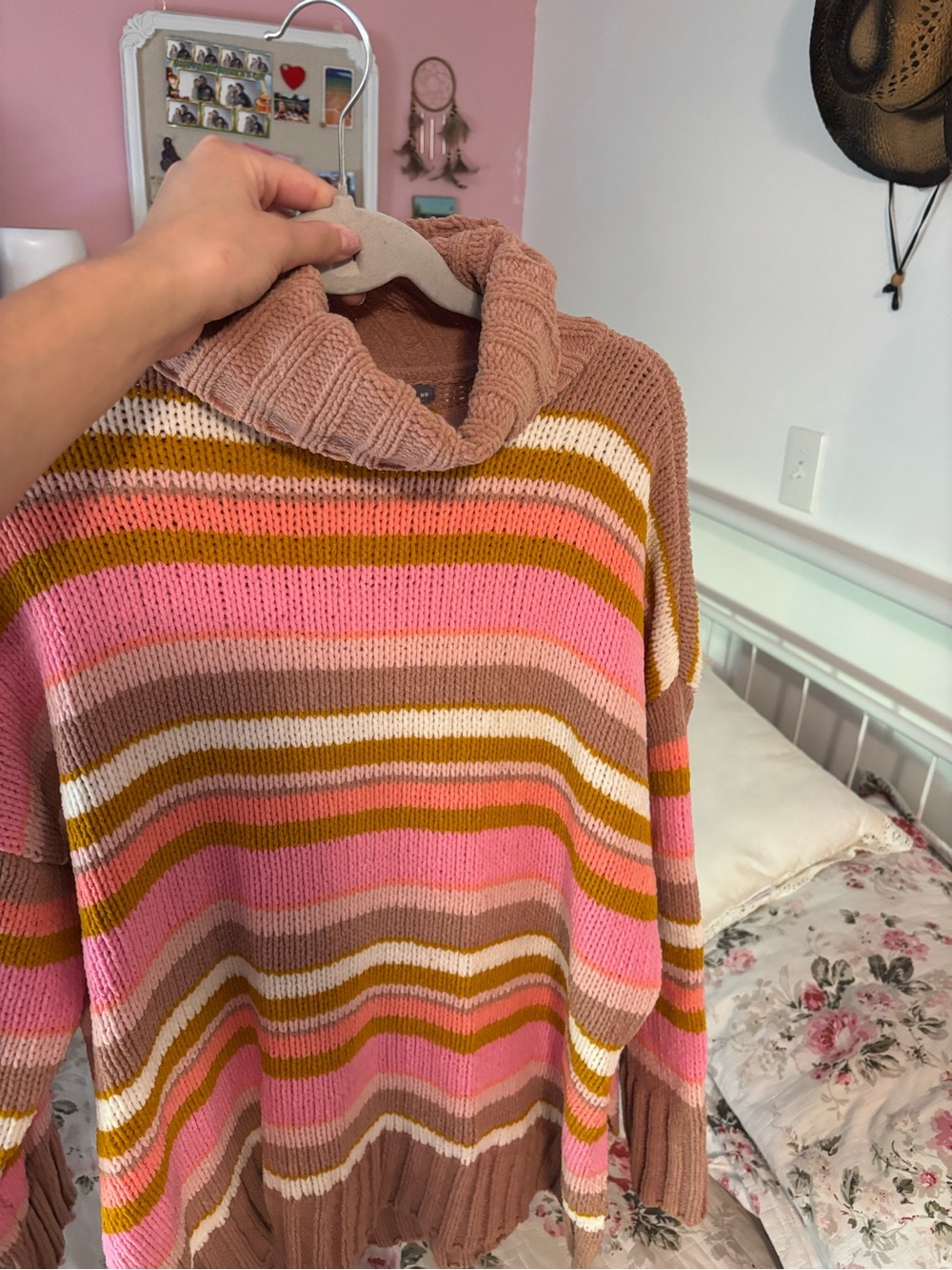 aerie Striped Cowl Neck Sweater in Pink, Mustard, Cream, Brown
